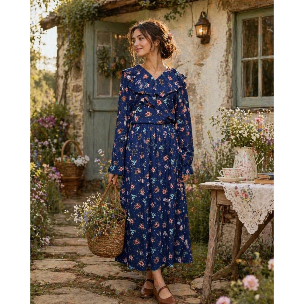 Leslie Fay Womens Floral Set Size 14 Navy Blue Vintage Cottagecore BohoChic